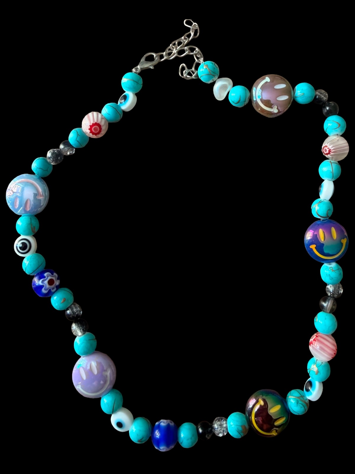 Collana MALOCCHIO, pezzo unico d'archivio A-01, perline artigianali su fondo nero