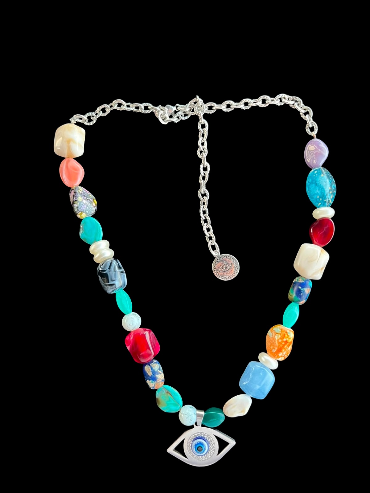 Collana MALOCCHIO, pezzo unico d'archivio A-05, perline artigianali su fondo nero