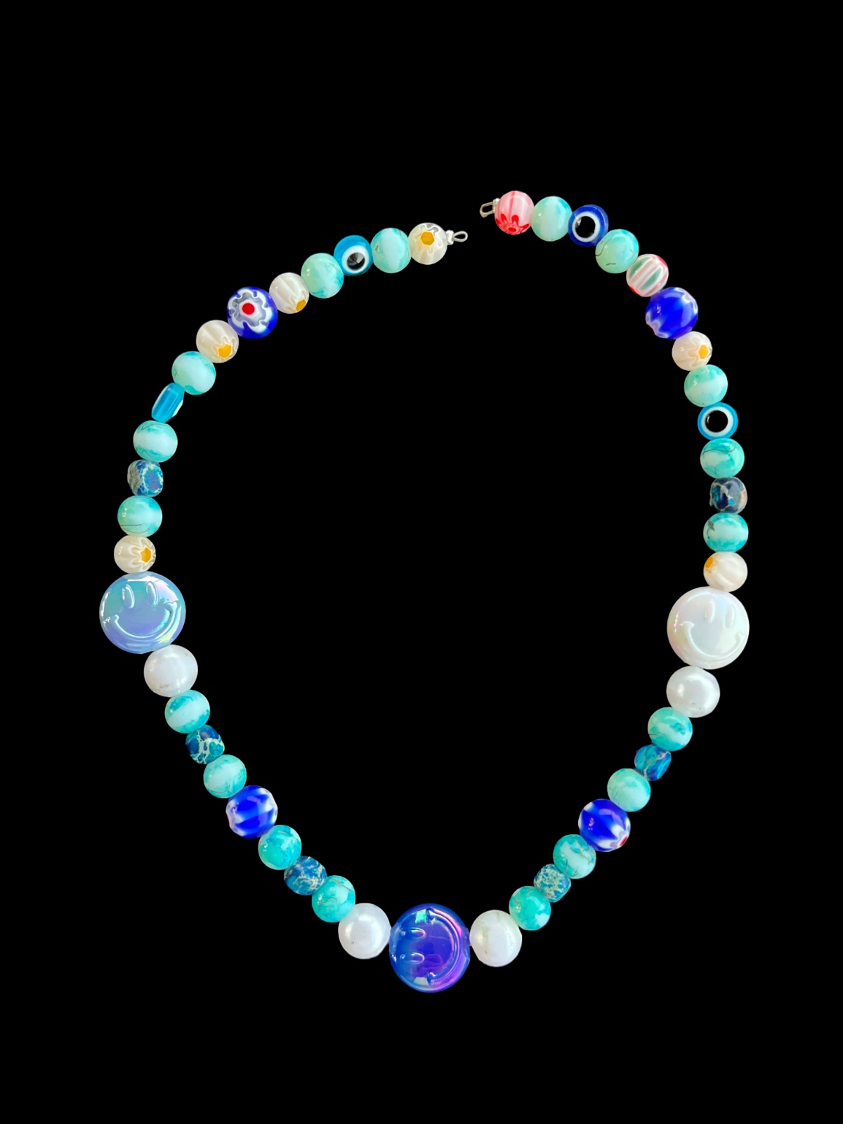 Collana MALOCCHIO, pezzo unico d'archivio A-07, perline artigianali su fondo nero