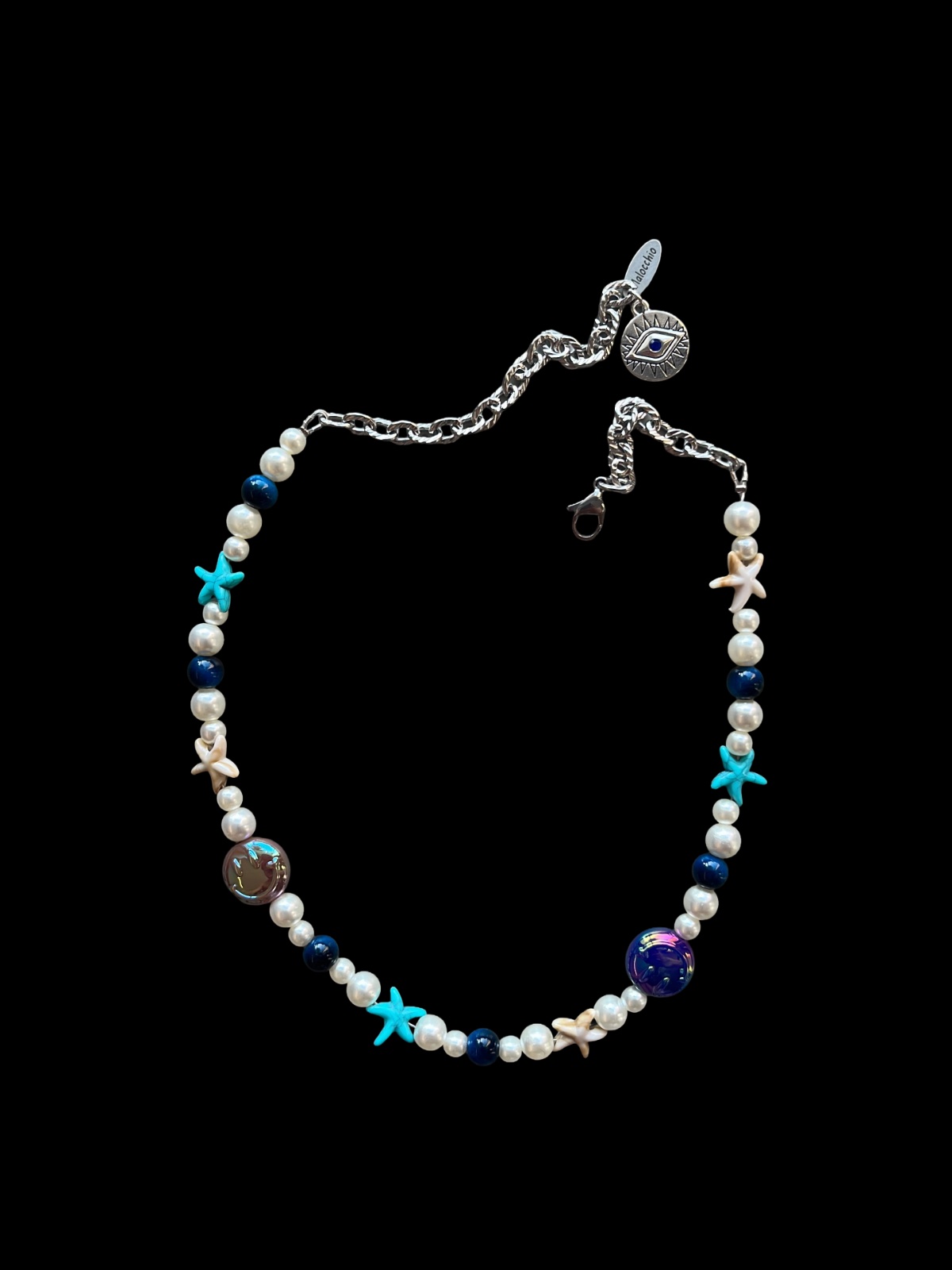 Collana MALOCCHIO, pezzo unico d'archivio A-14, perline artigianali su fondo nero