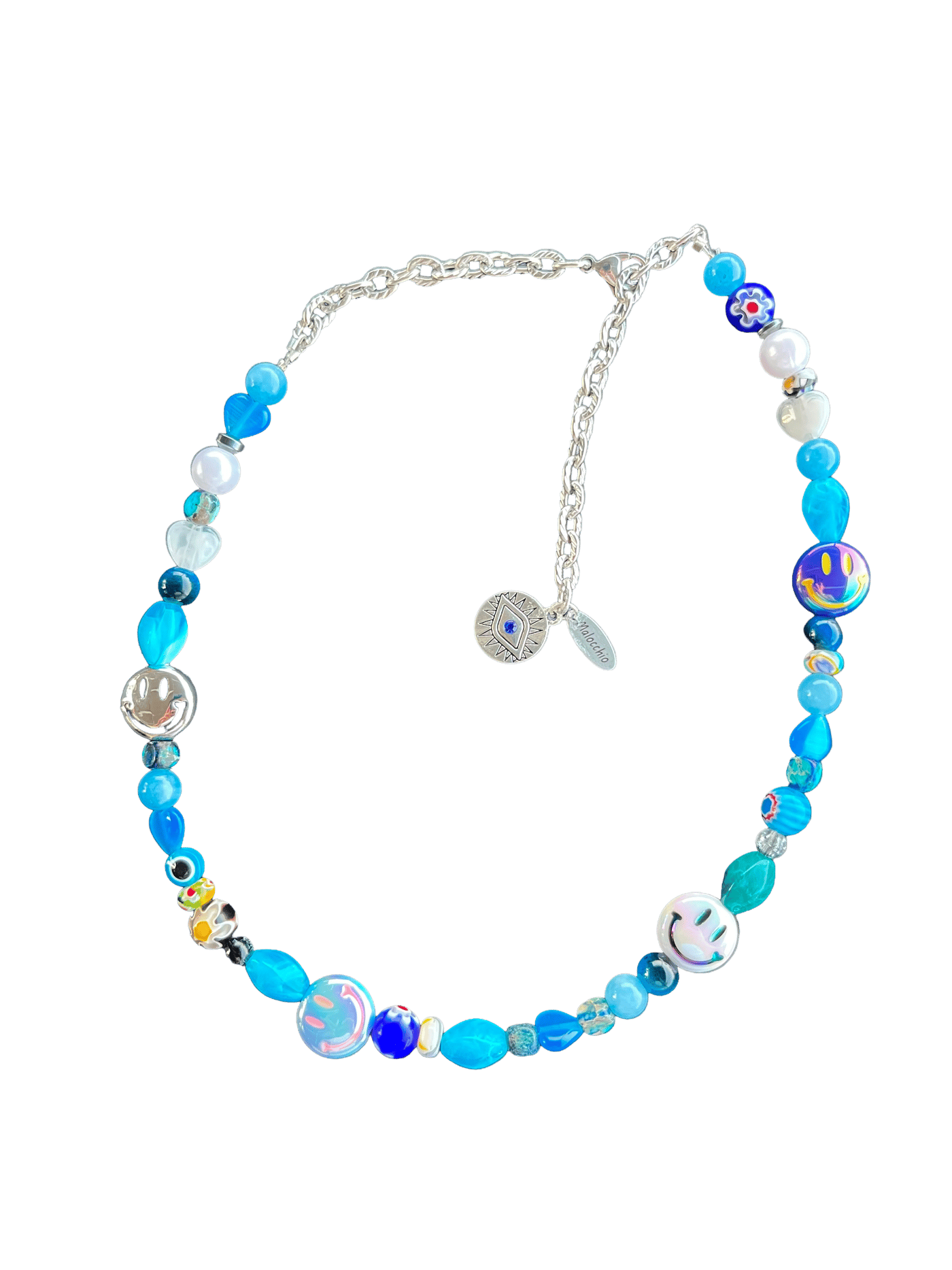 Collana MALOCCHIO «Helios' Smile»: perline azzurre e faccine smile iridescenti