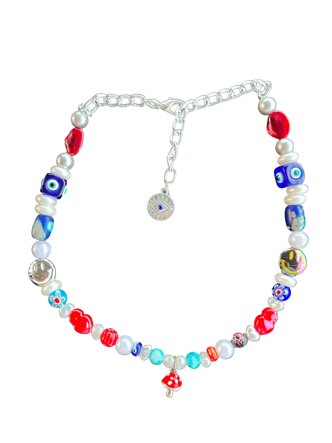Collana MALOCCHIO «Mushroom Theory»: perle, occhi portafortuna blu e ciondolo a fungo