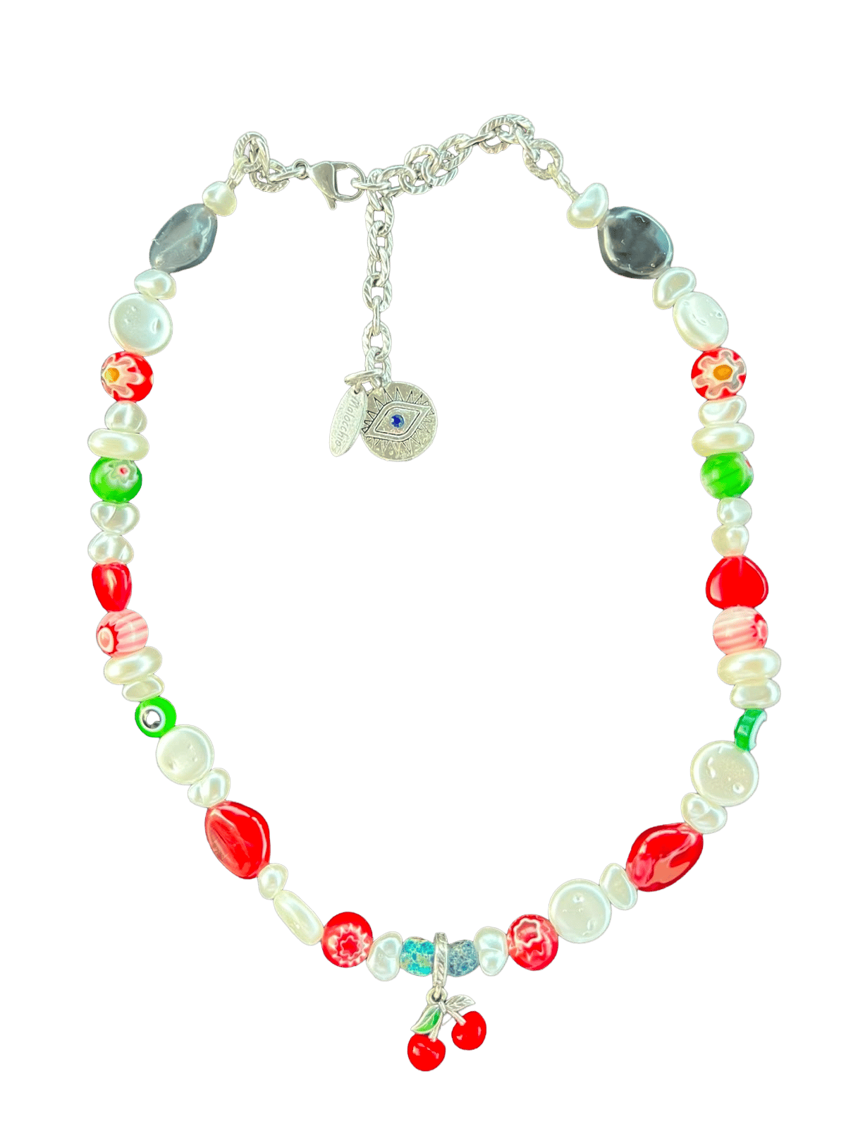 Collana MALOCCHIO «Pacha Cherries»: perle, perline millefiori rosse e verdi e ciondolo a ciliegie